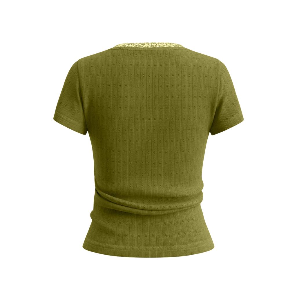 Women Short Sleeve Ribbed Knit Top Lace Trim Square Neck Button Casual Fitted T Shirt Blouse