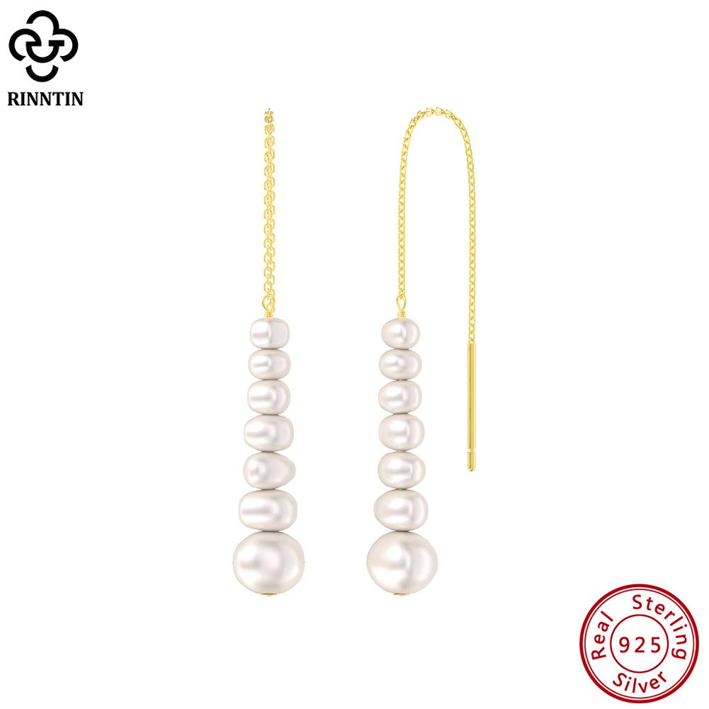 RINNTIN GPE75 S925 Sterling Silver Long Chain Tassel Drop Earrings for Women Freshwater Pearl Dangle Studs Earrings