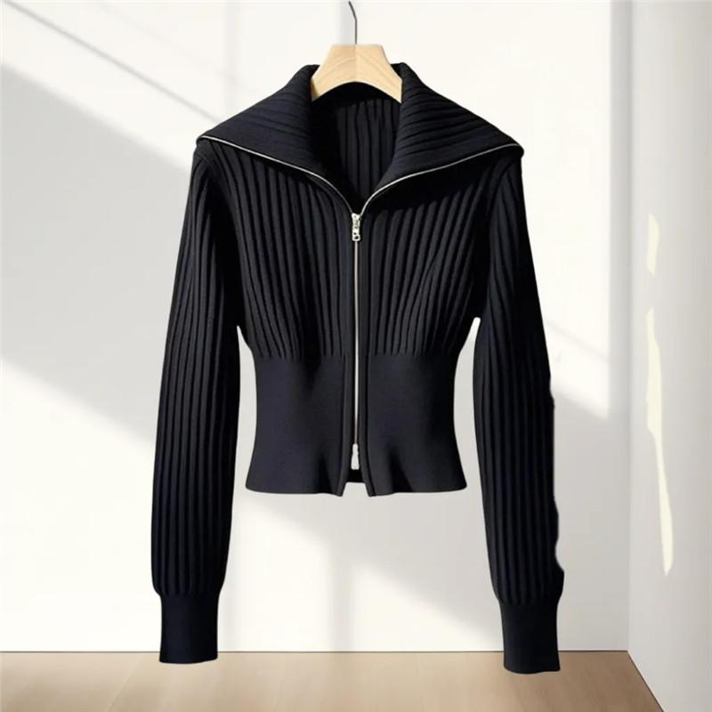 Fashion Zipper Knitted Cardigan Sweater Women Tops Autumn Winter High-End Long Sleeve Slim Knitwear Jacket Female