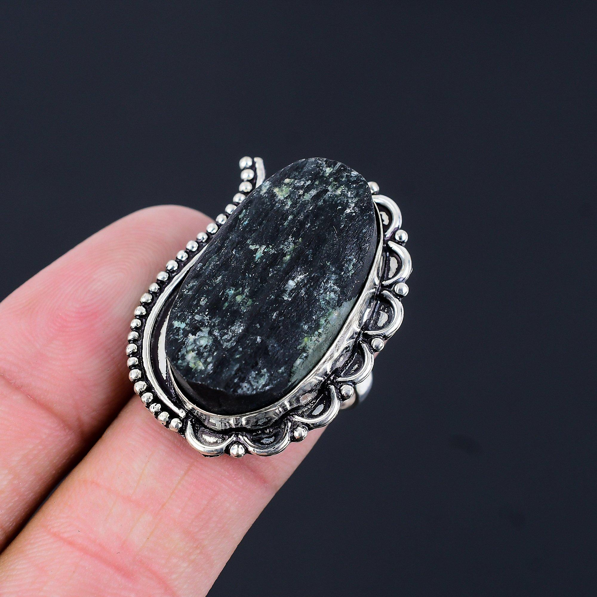 Black Tourmaline Rough Gemstone Promise Ring Jewelry 925 Sterling Silver US 7.5 7.5