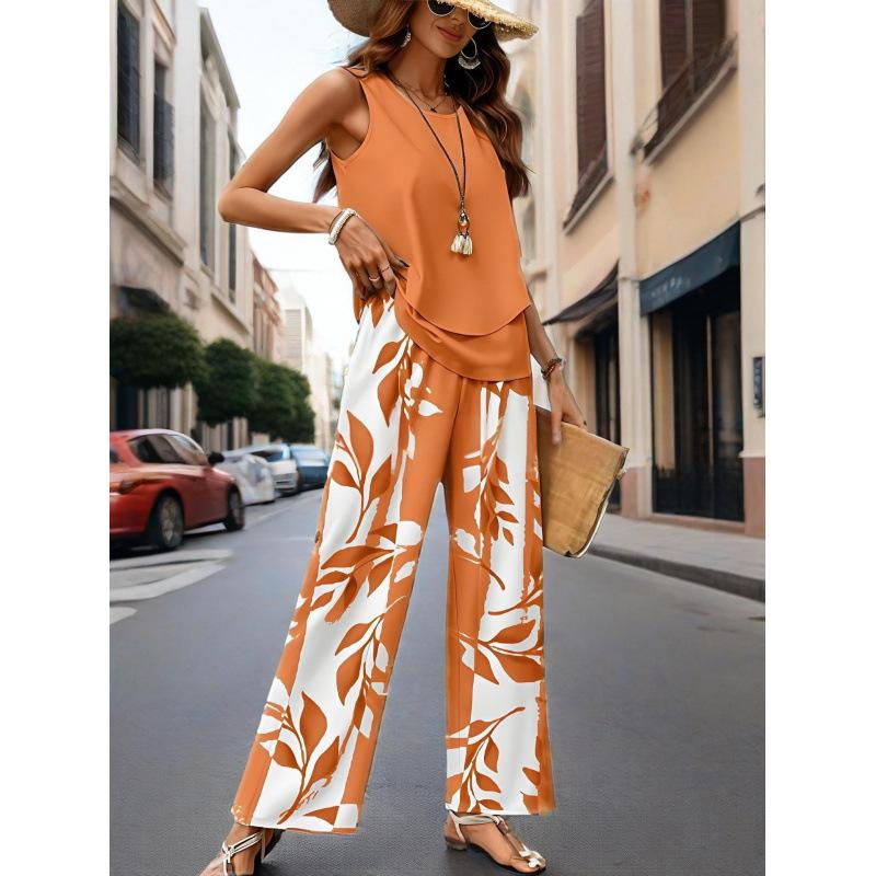 Women's Loose Fit Two Piece Outfit Sleeveless Tank Top High Waist Wide Leg Pants Set With 3D Abstract Print For Casual Summer Daily Wear