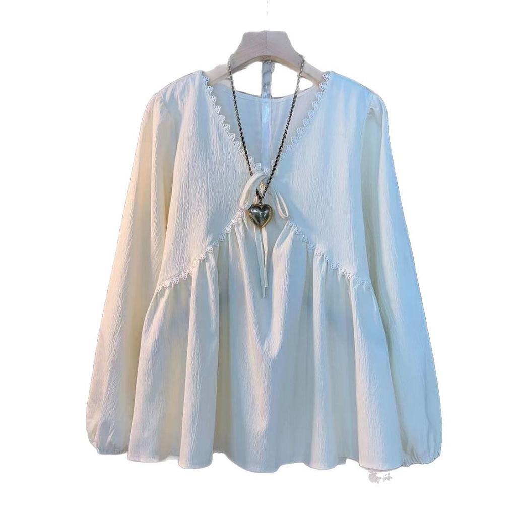 Plus Size Women's Irregular V-Neck Long-Sleeve T-Shirt - Stylish, Flaw-Hiding, Loose Fit for Spring & Autumn