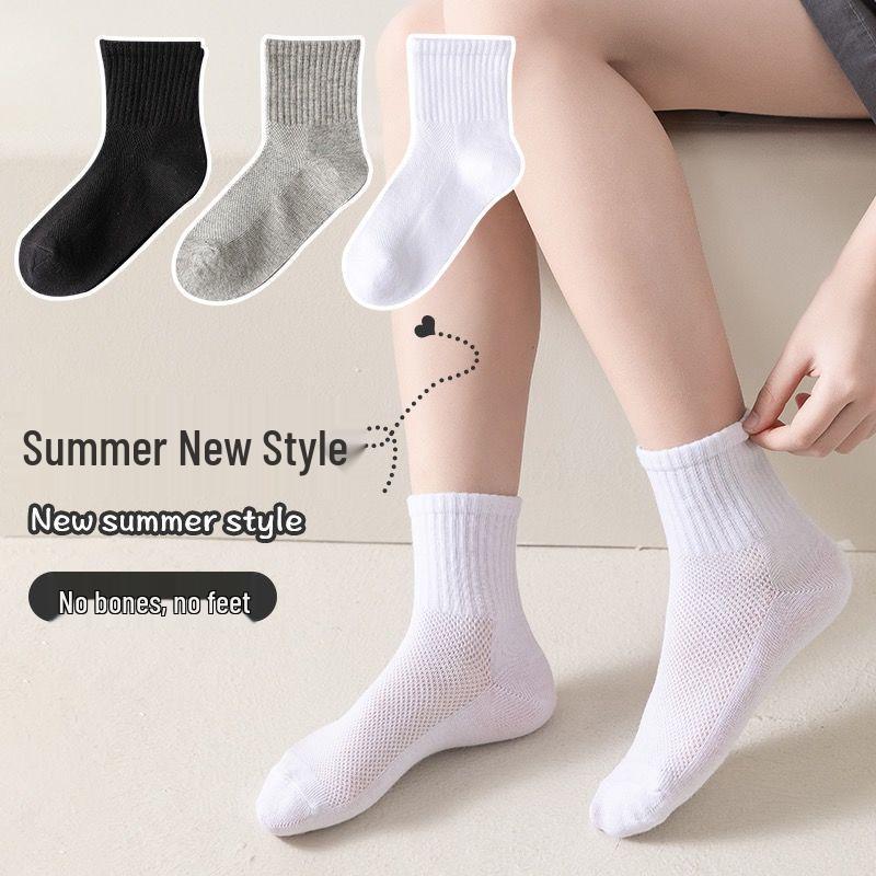 Kids' White Cotton Mid-Calf Socks - Spring/Summer Thin Mesh for Boys & Girls