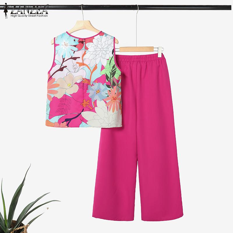 ZANZEA Women Sleeveless Print Tank Tops and Pants Summer Two Piece Suit Sets
