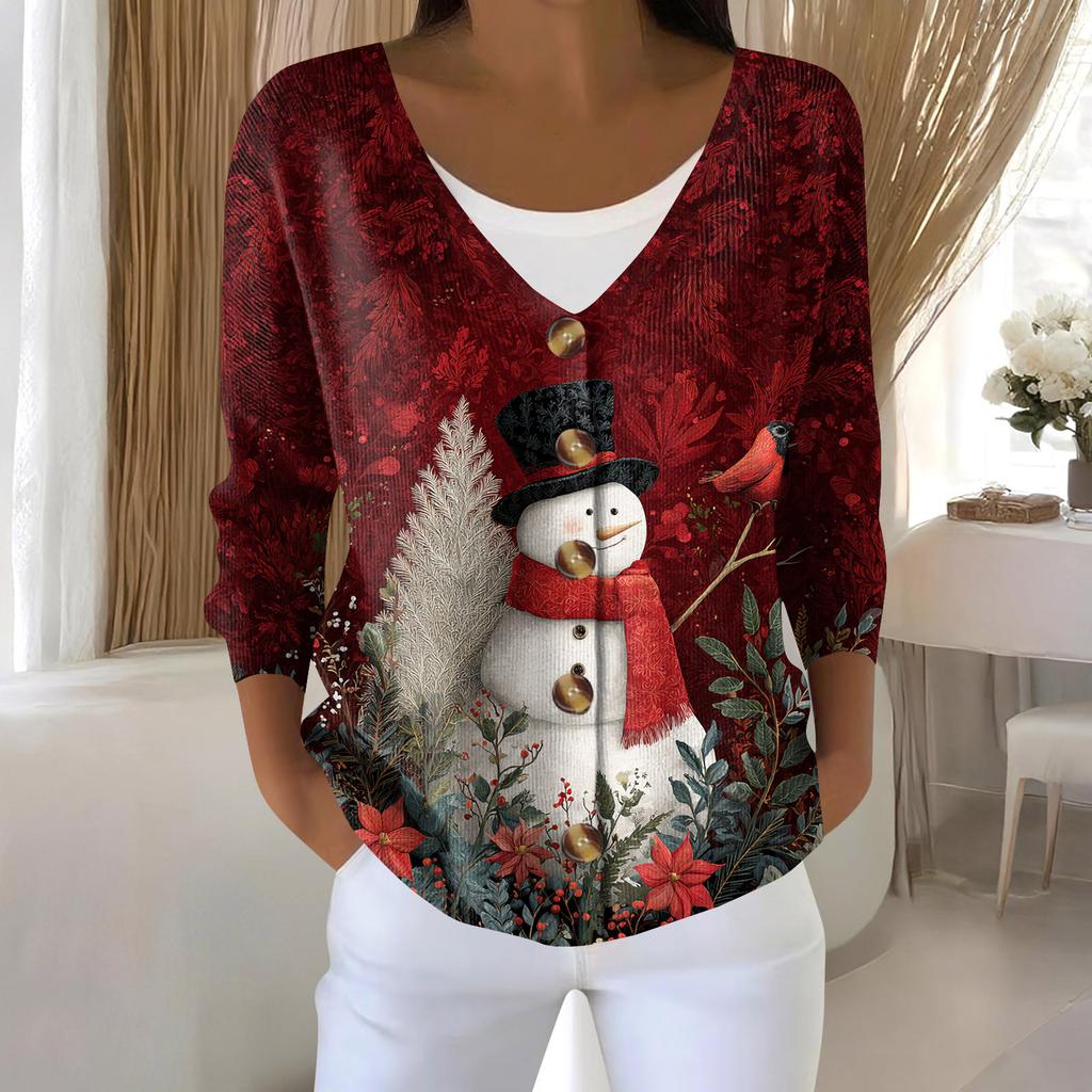Women's Fashion Long Sleeve Christmas Snowman Snowflake Print Jacket Cardigan