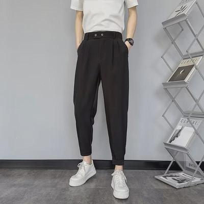 Men's Trendy Korean Style Slim Fit Nine-Point Suit Pants for Spring and Summer