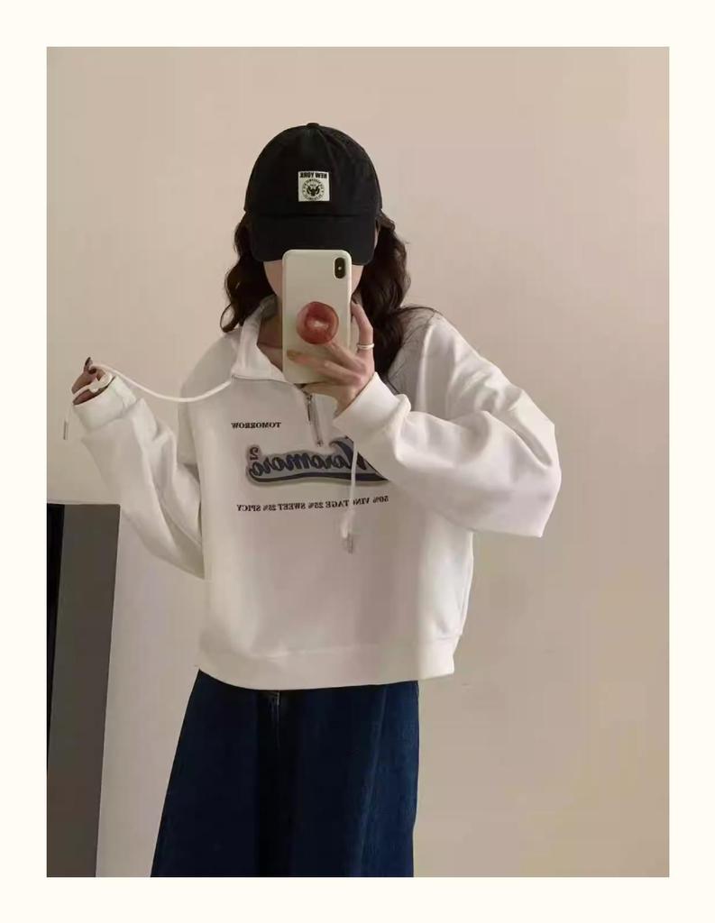 European Style Plus Size Stand Collar Sweatshirt for Women - High Waist, Slimming, Short Top for Spring & Autumn 2025