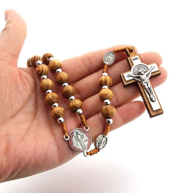 Handmade Wood Rosary Necklaces Men Women Necklaces Catholic Cross Pendant Meditation Jewelry Christian Religious Gift