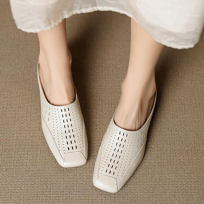 Fashion 2025 New Fashion Covered Toe Genuine Leather Women Thick Heels Casual Mules Summer Daily Walk Sheepskin Leather Slippers Sandals