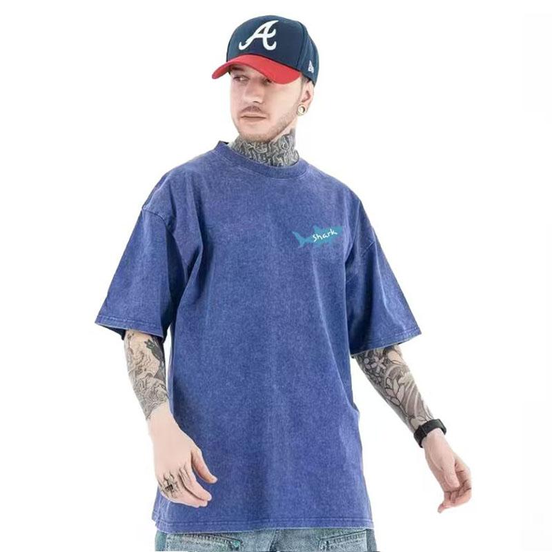 Unisexs Summer Shortsleeved Washed Vintage G Cotton Shirt with Fish Pattern Pure Cotton Casual and Loose Tshirt