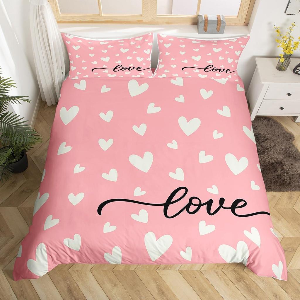 Colorful Love Heart Comforter Cover Queen Pink Black Bedding Set Romantic Duvet Cover Valentine's Day Quilt Cover with Zipper