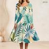 Women Plus Size Square Neck Long Sleeve Blue Green Leaf Printed Tie Waist A Line Flared Dress