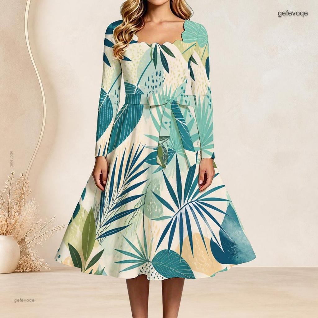 Women Plus Size Square Neck Long Sleeve Blue Green Leaf Printed Tie Waist A Line Flared Dress