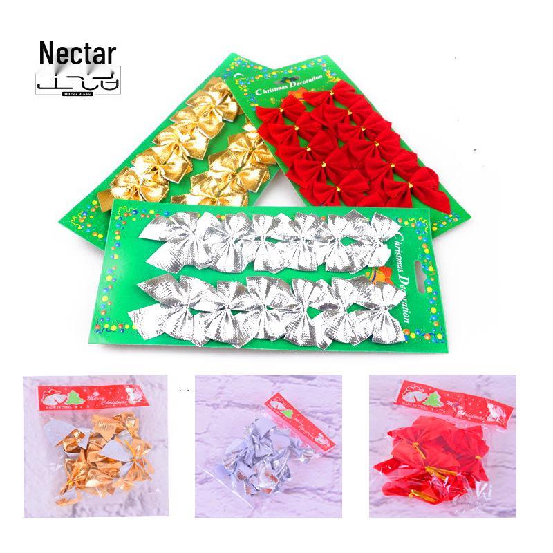 5,5cm Zlaté, stříbrné a červené mini látkové mašličky - ozdoby na vánoční stromeček, 12 kusů