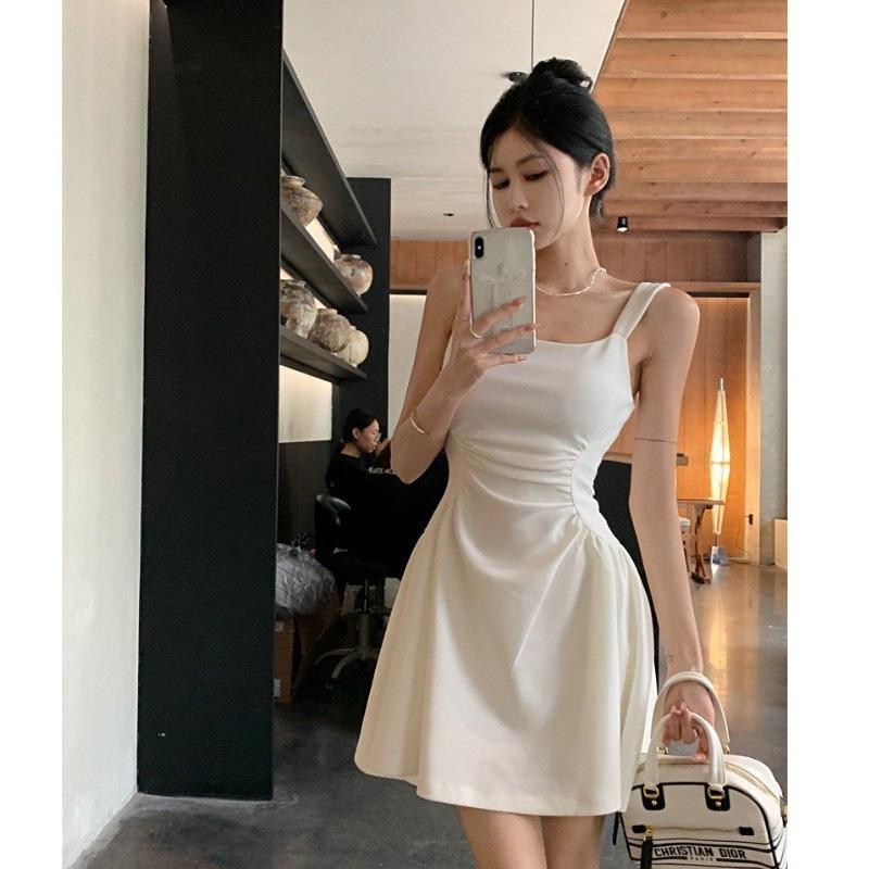 YYFS Moda feminina verão primavera cor sólida estampa sem mangas gola quadrada cintura alta vestidos casuais
