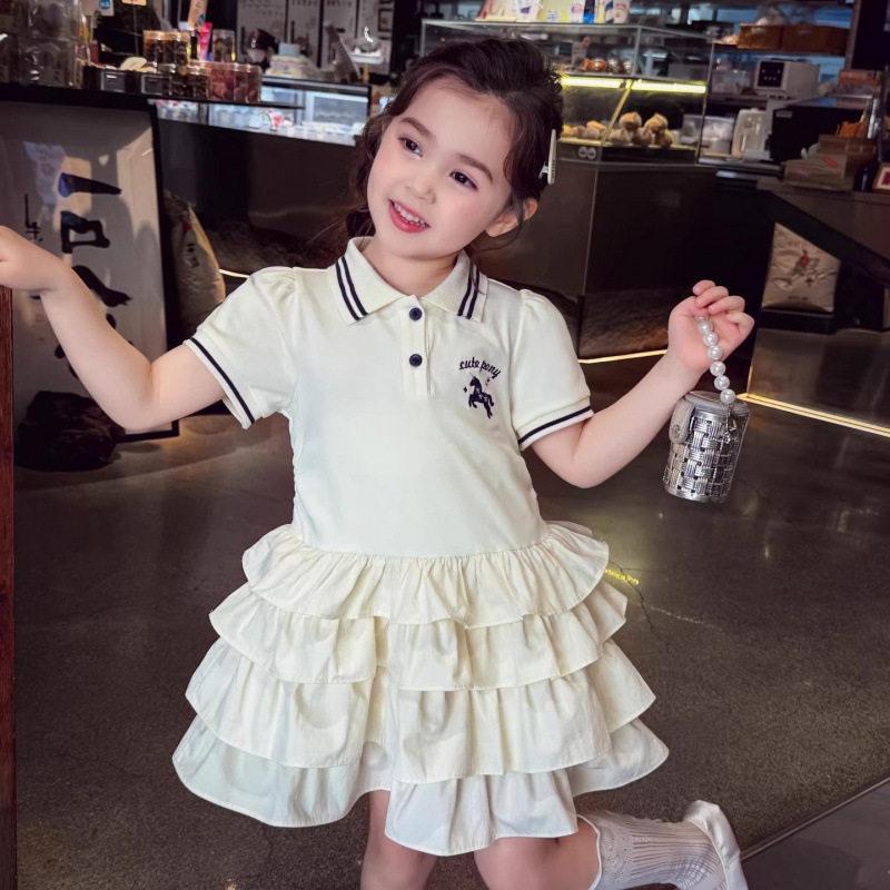 Girls Summer Polo Dress Short Sleeve Preppy Tiered Cake Skirt Princess Party Outfit