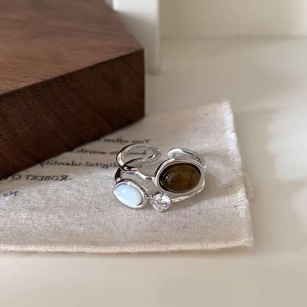 Brown Stone Vintage Tiger Eye Ring Open Ring Irregular Design Stainless Steel Ring Double Layer Metal Material
