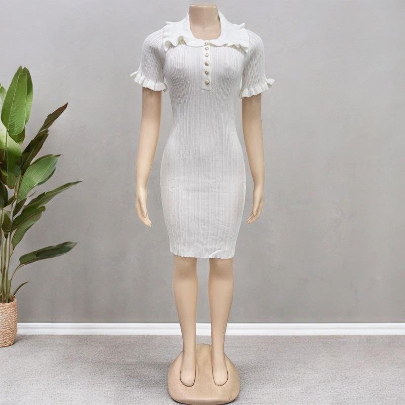 Retro Ruffled Button Down Knit Dress With Collar