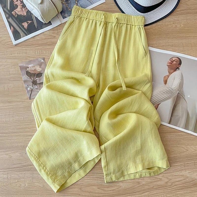 Women Linen Wide Leg Pants Summer High Waist Relaxed Fit Casual Trousers Loose Floor Length