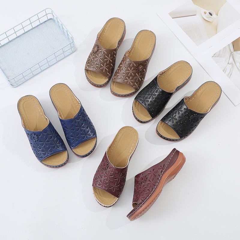 Pantofole con zeppa da donna taglia grande Calzature da esterno da donna Sandali con plateau e zeppa colore unito ultraleggeri con fiore traforato Sandali con zeppa
