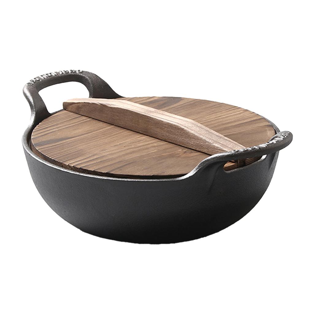 Cast Iron Wok Uncoated Anti Stick Dual Handle Stir Fry Pan with Wood Lid for Induction Cooktop