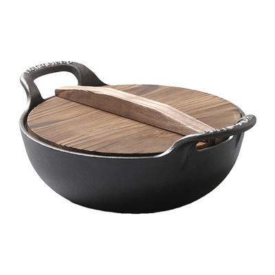 Litinový wok, nepotažený, nepřilnavý, s dvojitou rukojetí, pánev na smažení za stálého míchání, s dřevěným víkem, pro indukční varnou desku