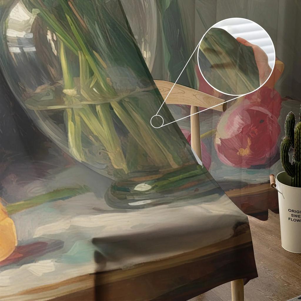 Ölgemälde von Blumenknospen und Blättern, Fenstervorhänge für Wohnzimmer, Schlafzimmer, Küche, Chiffon, durchsichtige Fensterbehandlung