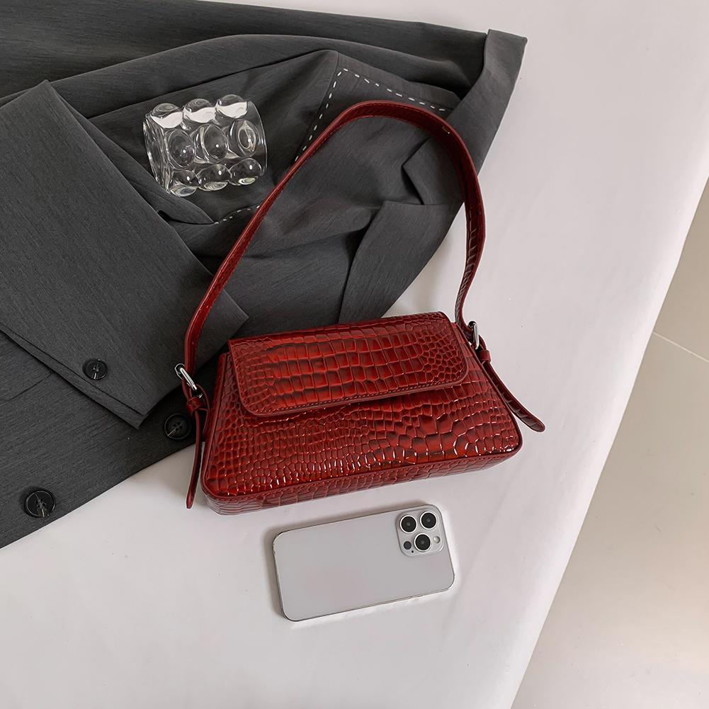 PU Patent Leather Shoulder Bag Crocodile Pattern Women Underarm Bag (Burgundy)