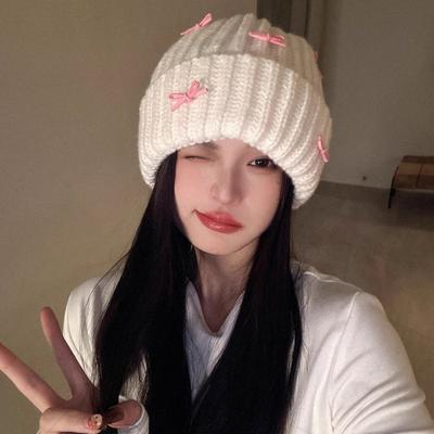 Version Coréenne Simple Chapeau en Peluche à Noeud de Couleur Unie pour Femmes en Automne et Hiver Nouveau Chapeau Tricoté Épais Chaud et Anti-Froid