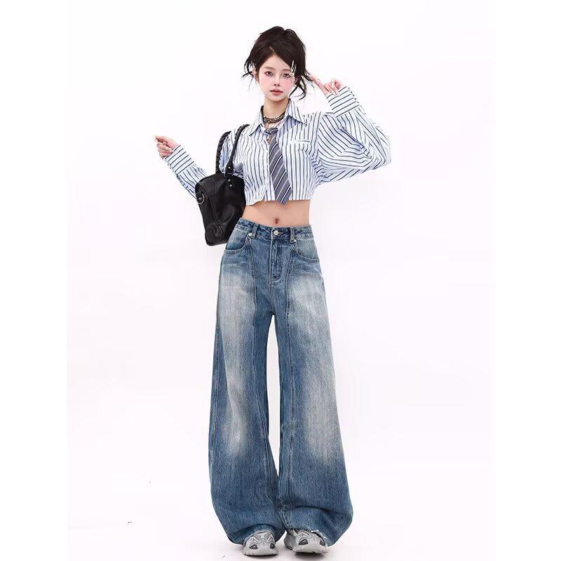 Women's Retro Blue High Waist Wide Leg Jeans - Spring Straight Floor-Length Trousers