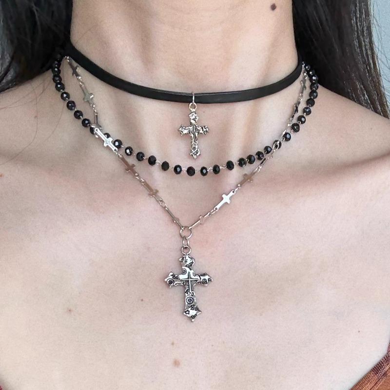 Punk Multi-Layer Cross Necklace Spicy Girl Vintage Beaded Long Cross Pendant Hip-pop Personalized Chain Long Necklace