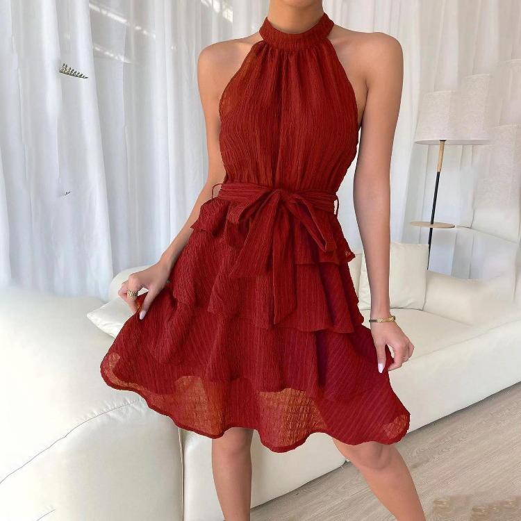 Autumn Winter Women Sleeveless High Waist A-Line Dress Solid Color Halter Casual Knee-Length Ruffled Edges