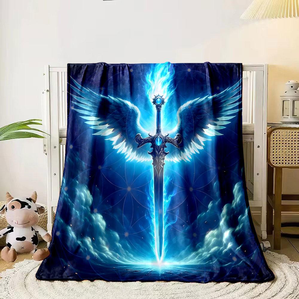 "Glowing Sword with Angel Wings Design" Print Blanket Soft and Cozy Perfect for the Living Room Bed Sofa or a Nap,gift