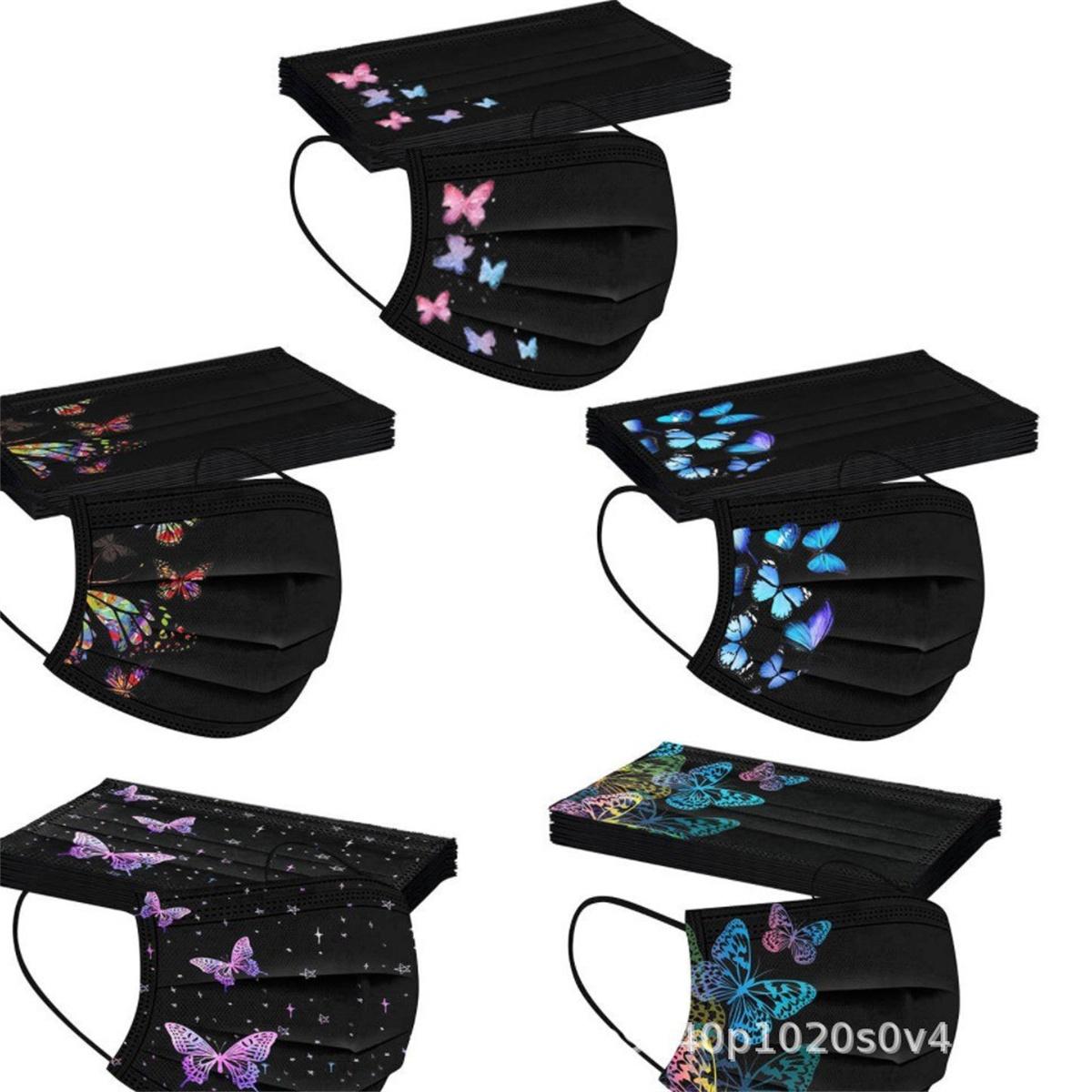 50pcs colorful butterfly print black adult masks disposable three-layer spunlace non-woven protective skin-friendly masks