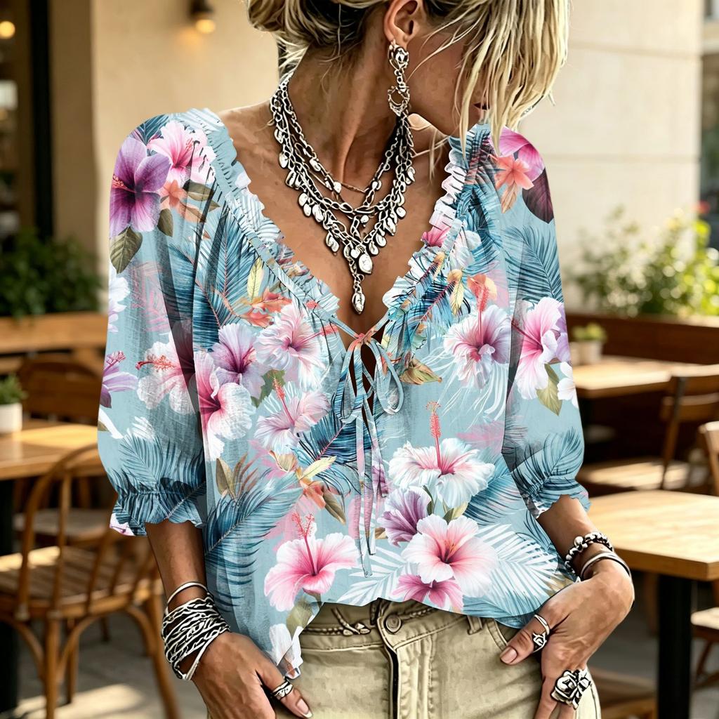Women's Casual V-Neck Printed Tie Ruffle Blouse for Everyday Wear
