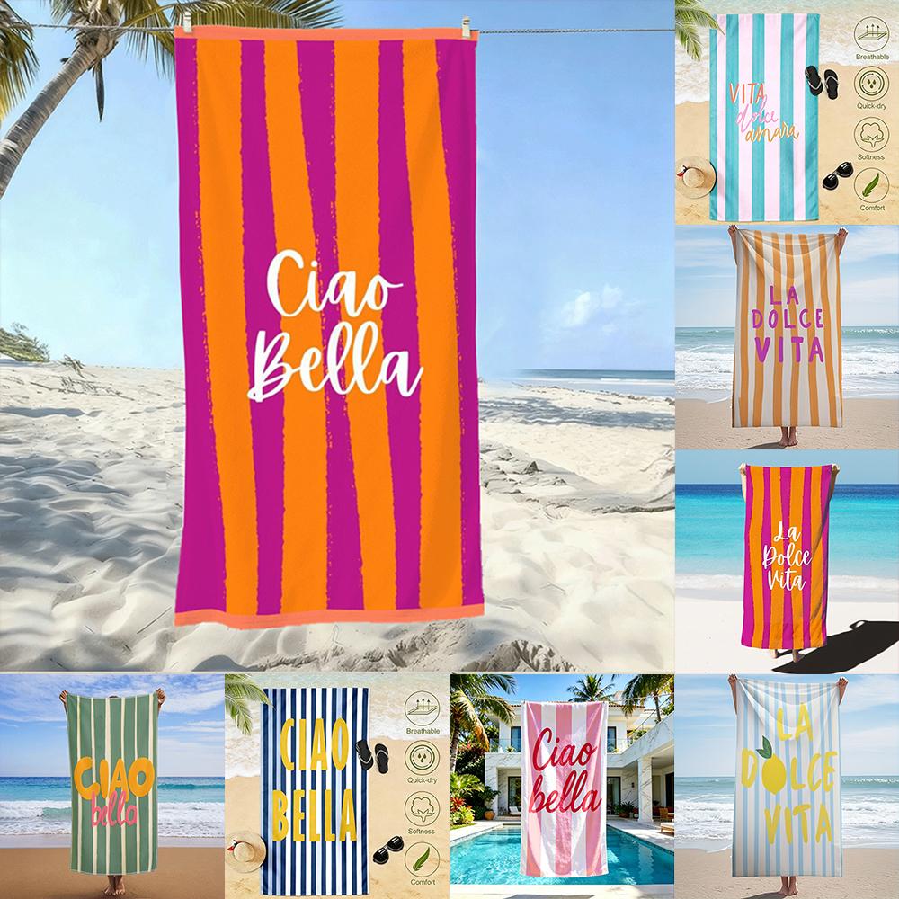 1Pc Ciao Bella Striped Beach Towel, Vibrant Orange And Purple Pool Towel For Summer Vacation