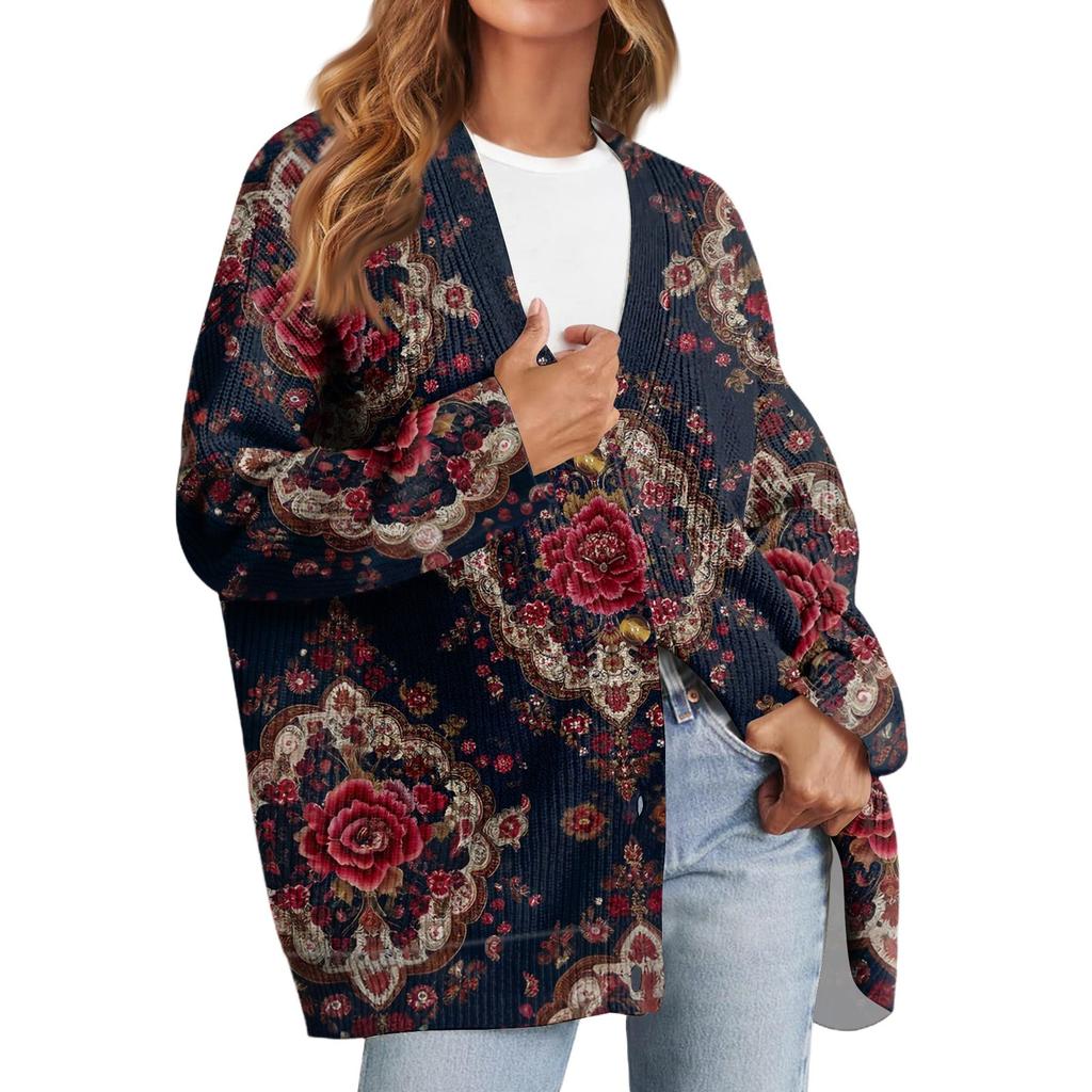 Women's Fashion Long Sleeve Print V-Neck Button Loose Cardigan Top