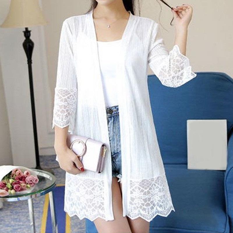 Frühling Sommer Sonnenschutzkleidung Damen Spitze Strickjacke Lockere Oberteile Damen Glockenärmel Mantel Jacke Hemd Damen Netzschal