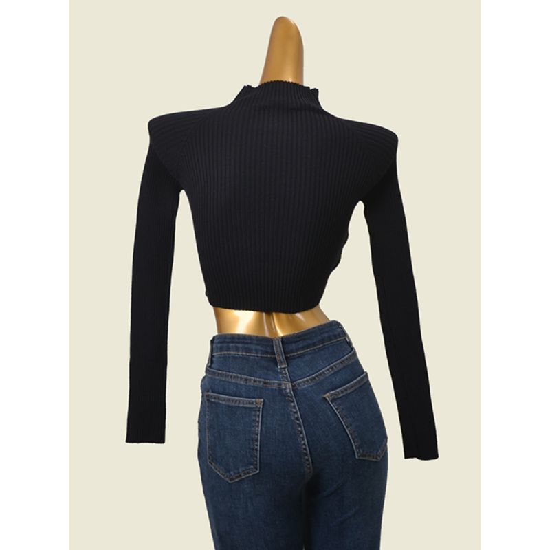 Export Fashion Cards Sexy Midriff-Baring Long Sleeve Knitwear Fashion Sexy Cut Out High Elastic Half Turtleneck Short Tops