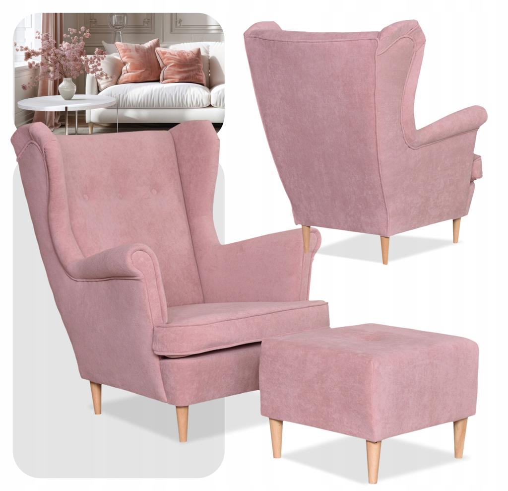 Fotel uszak z podnóżkiem skandynawski welur pudrowy Hunter Family Meble różowy