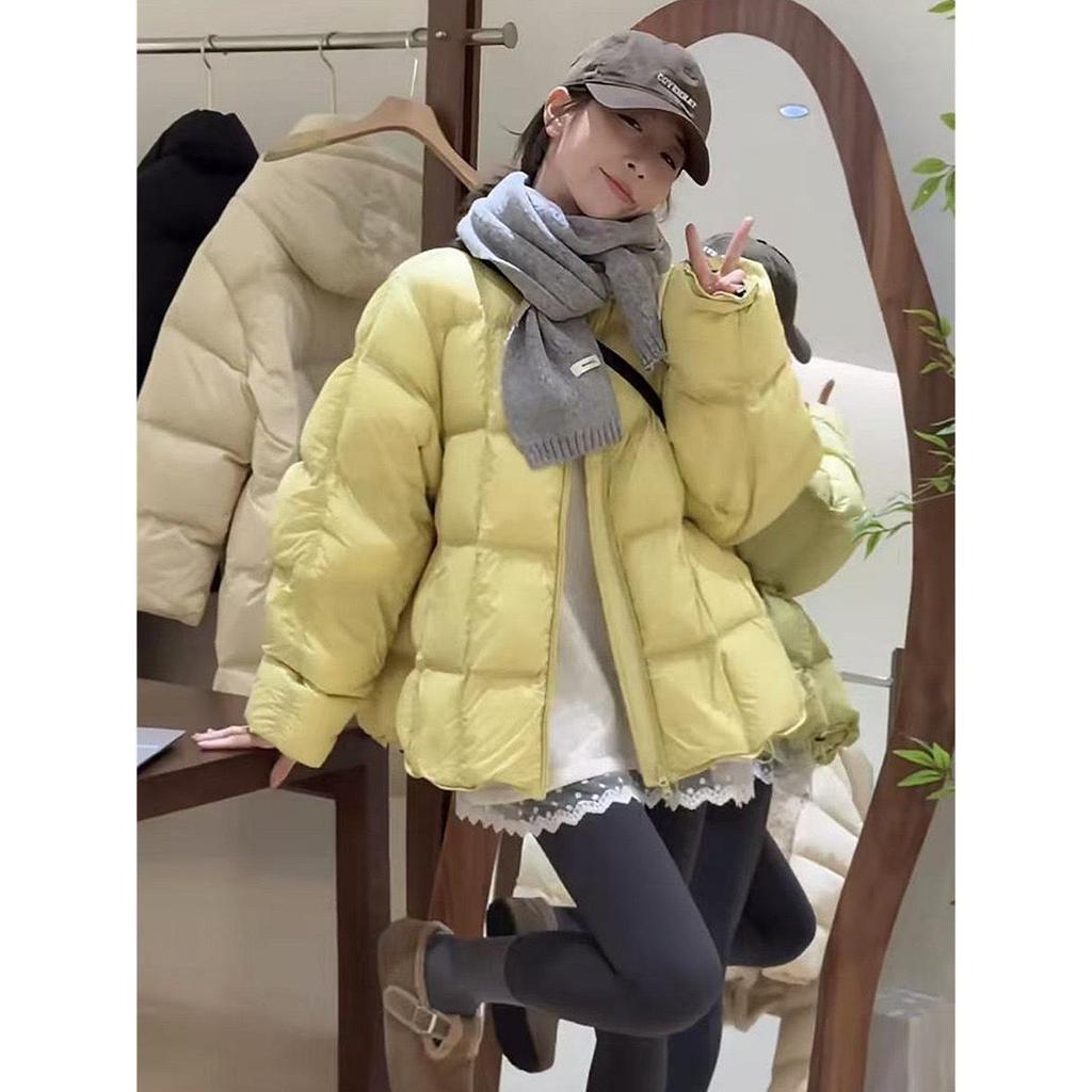 2024 Women's Fashionable Plaid Down Jacket - Casual Round Neck, Loose Fit, Warm Winter Coat