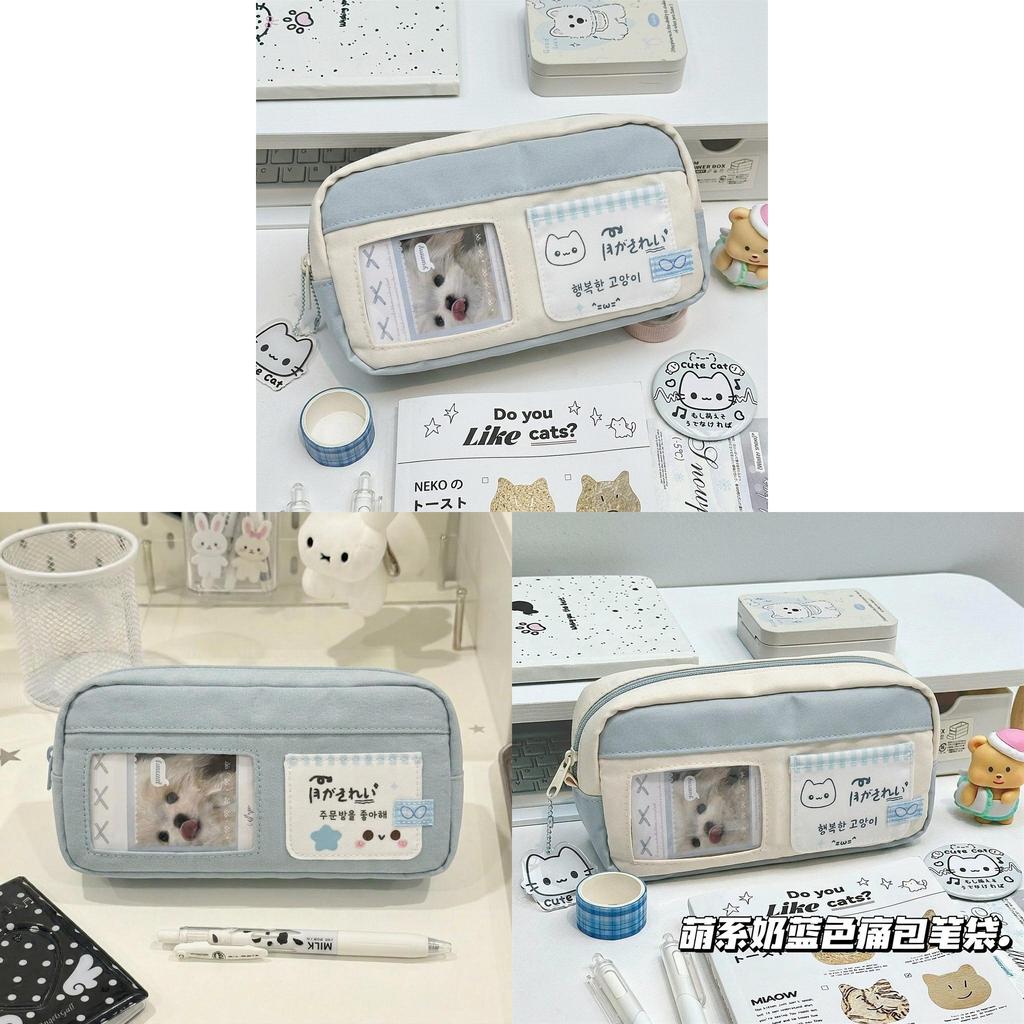Blue White Cat Pencil Case With Canvas Material For Students And Office Use
