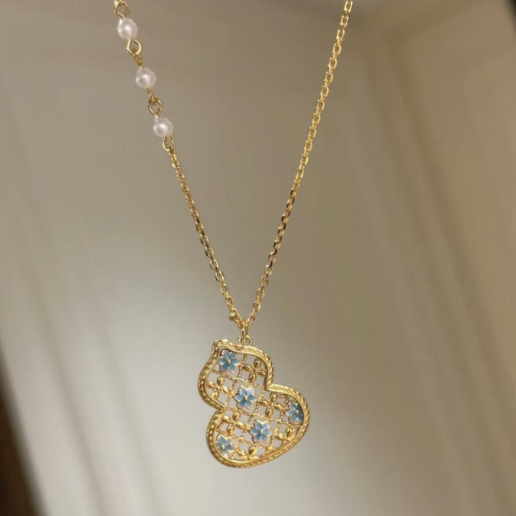 French-style New Chinese Palace Enamel Gourd Necklace with Hollow Design, Gradient Blue Glaze, Fortune Pearl, High-end Sweater Chain