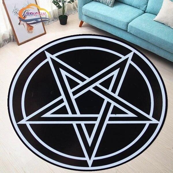 Koberec se symbolem pentagramu, kulatý koberec se vzorem pentagramu, past Satanova ďábla, bílá na černém nadpřirozeném koberci