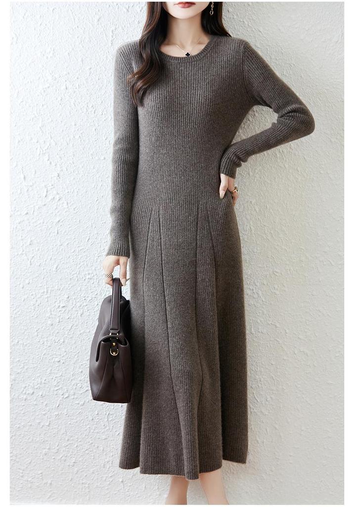 Women's Autumn/Winter Long Slimming Cashmere Wool Dress - French Round Neck Over-the-Knee Style