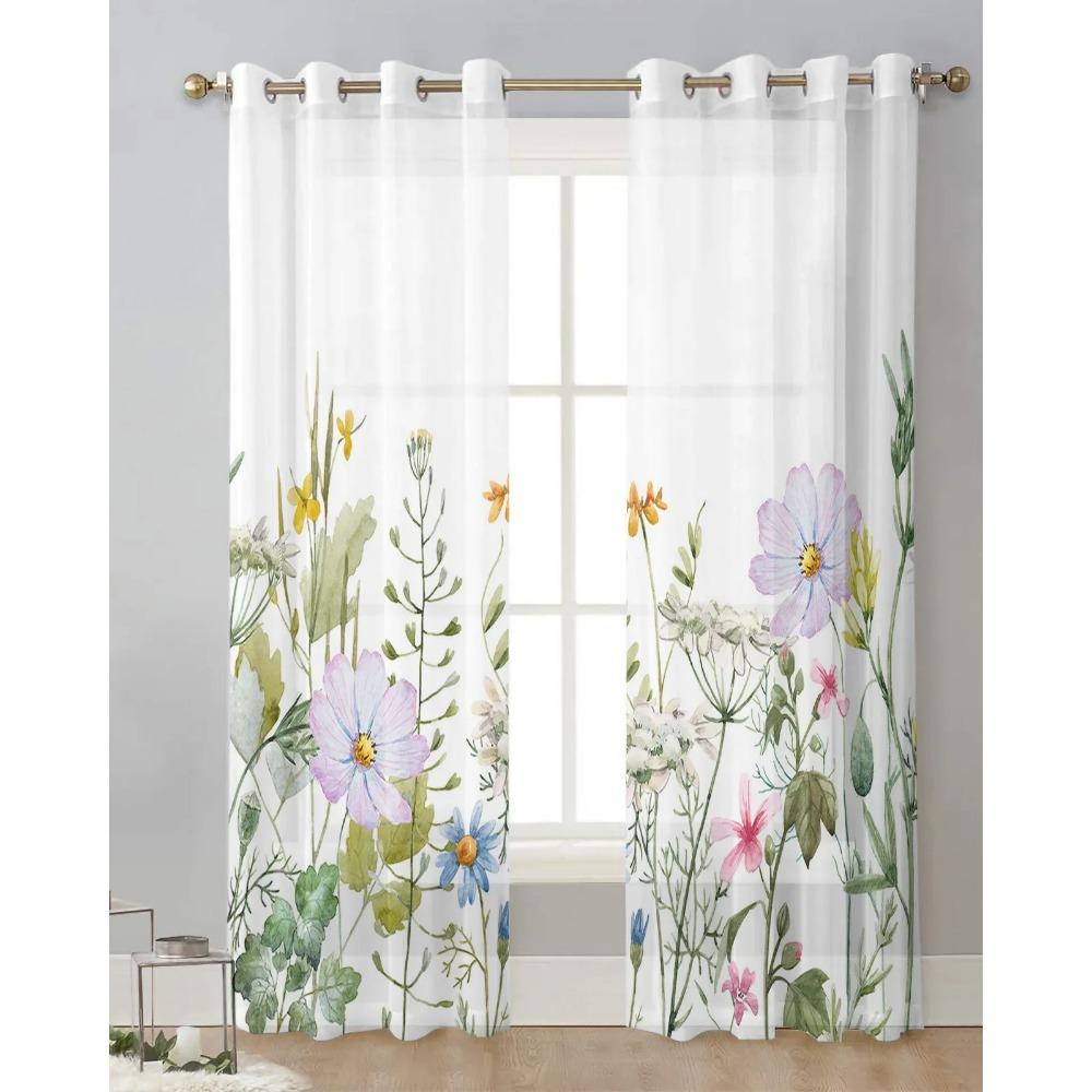 Frühlingsblumen-Vanille-Wildblumen-Vorhänge für Wohnzimmer-Dekoration, Fenstervorhang, Küche, Tüll, Voile, Organza-Vorhänge