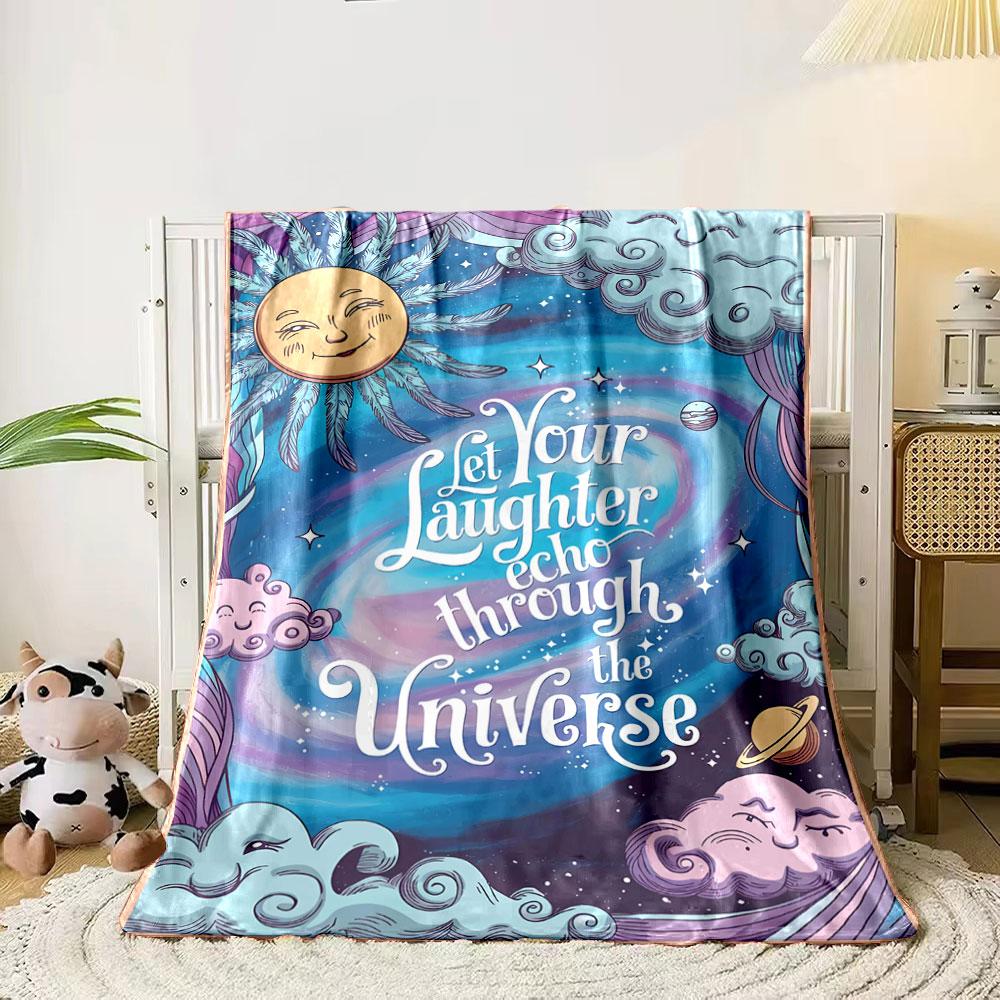 A whimsical cosmic scene with smiling celestial bodies and flowing clouds. for all seasons blanket lunch break throw gift 80cm x 120cm