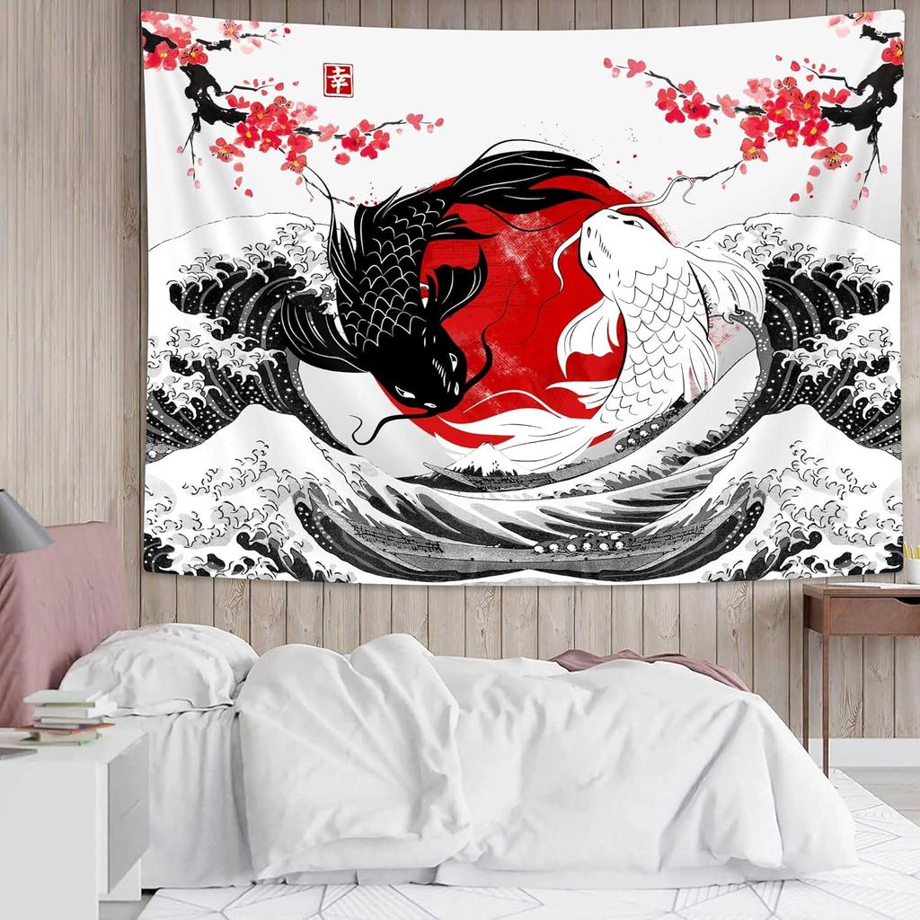 NYMB Japanese Anime Tapestry, Black and White Yin Yang Koi Fish Tapestry for Bedroom Aesthetic, Asian Wave Cherry Blossom Tapestries Poster Beach