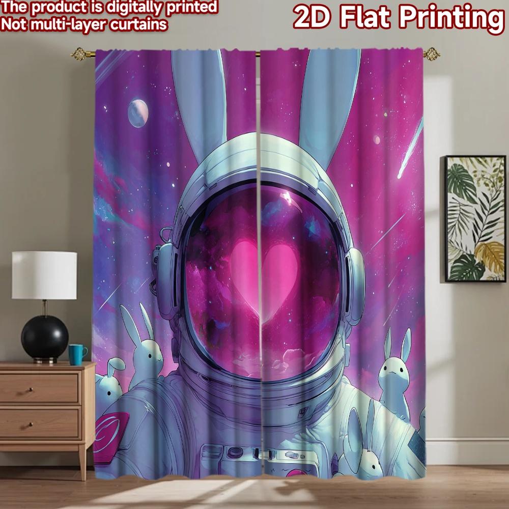2D Flat Printing 2pcs Curtain Cute Bunny Astronaut Space Heart Digital Printed Polyester Drapes Seasonal Party & Holiday Decor