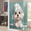 Cute Fluffy White Dog Shower Curtain - Turquoise Bathtub & Towel Design, 70.8x70.8", Polyester, 12 Hooks, Easy to Clean